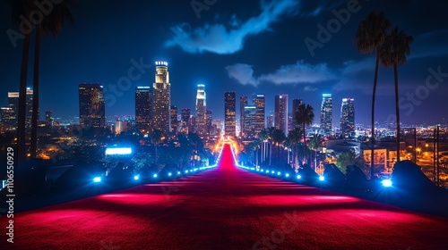 A red carpet leads to a glowing city skyline at night.