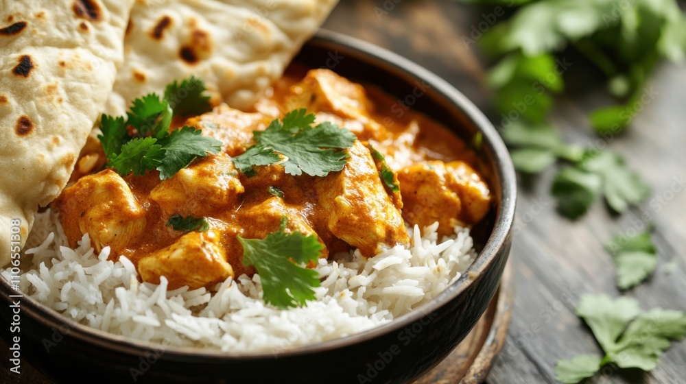 A bowl of aromatic chicken curry served with basmati rice and naan bread, Curry in bowl, Warm overhead lighting enhancing the rich aroma A bowl of aromatic chicken curry served with basmati rice and naan bread, Curry in bowl, Warm overhead lighting enhancing the rich aroma