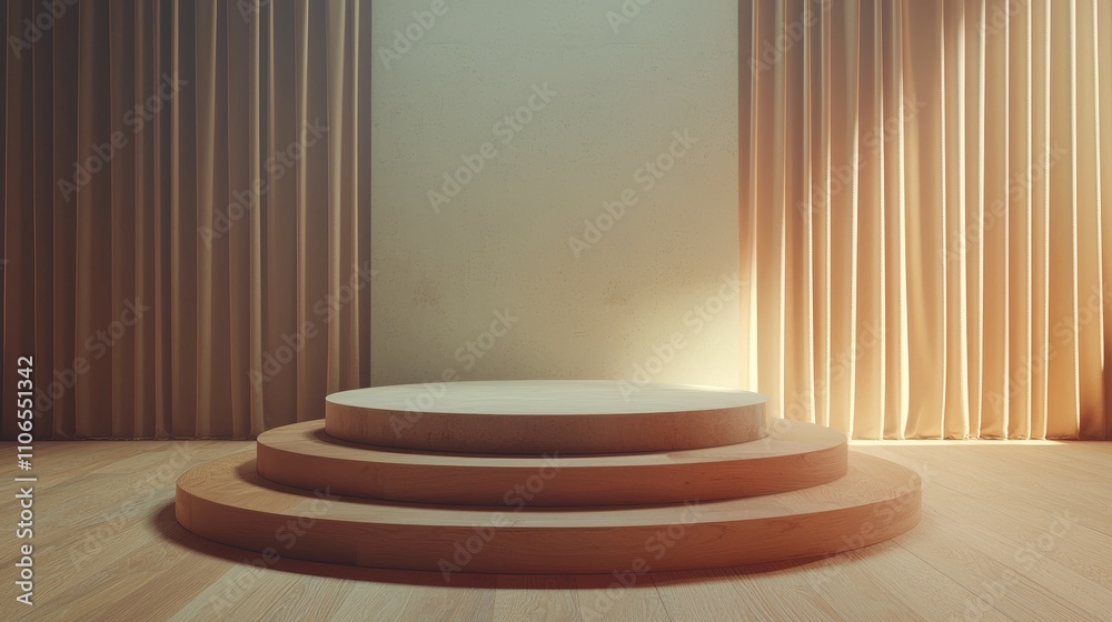 Obraz premium Wooden Platform with Curved Edges and Natural Light in a Room with Curtains