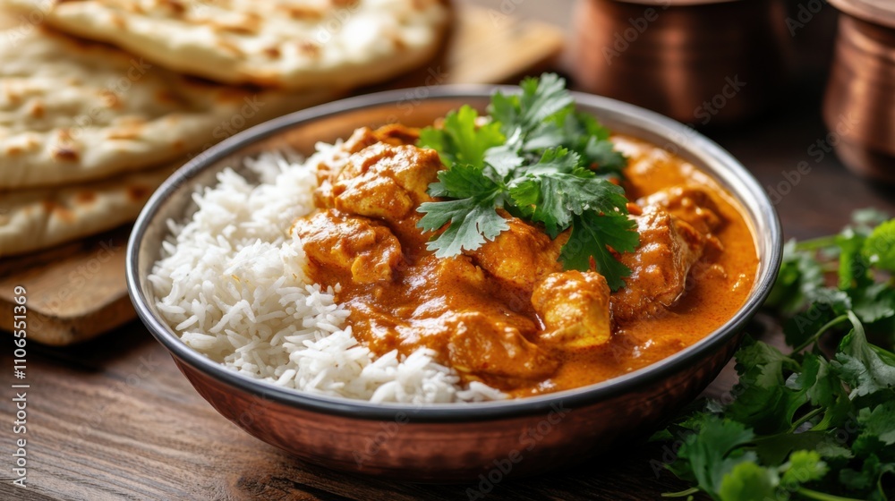 A bowl of aromatic chicken curry served with fluffy basmati rice and naan bread, Curry in bowl, Warm overhead lighting enhancing the rich aroma A bowl of aromatic chicken curry served with fluffy basmati rice and naan bread, Curry in bowl, Warm overhead lighting enhancing the rich aroma