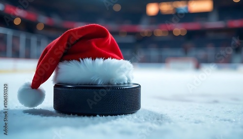 A hockey puck with a red Santa hat on an ice rink, with blurred stadium lights in the background, merry Christmas, banner, poster, created with generative ai photo