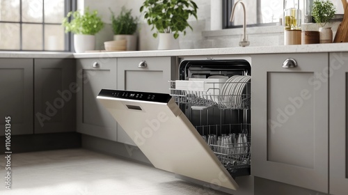 The dishwasher is currently open and has a white door