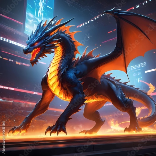 The electro dragon is depicted with a sleek and powerful design, featuring glowing orange eyes, a spiky fiery red mane, and scales that shimmer under futuristic stadium lights. photo