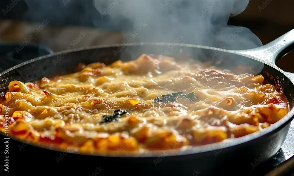 Golden-baked pasta in a cast iron skillet, steaming and perfectly crisped, ready to savor. Golden-baked pasta in a cast iron skillet, steaming and perfectly crisped, ready to savor.