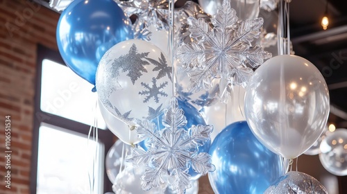 Snowflake-shaped balloons in shades white, silver, and blue for a frosty celebration. photo