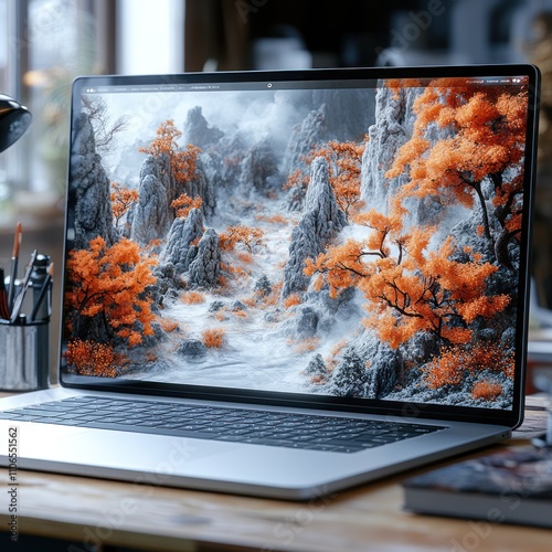 Laptop displaying a digital landscape image of orange trees and misty mountains. photo