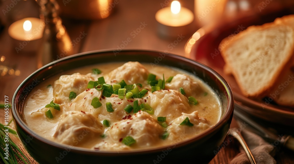A bowl of comforting chicken and dumplings garnished with chopped green onions, Chicken and dumplings bowl centered, Warm candlelight creating a cozy atmosphere A bowl of comforting chicken and dumplings garnished with chopped green onions, Chicken and dumplings bowl centered, Warm candlelight creating a cozy atmosphere