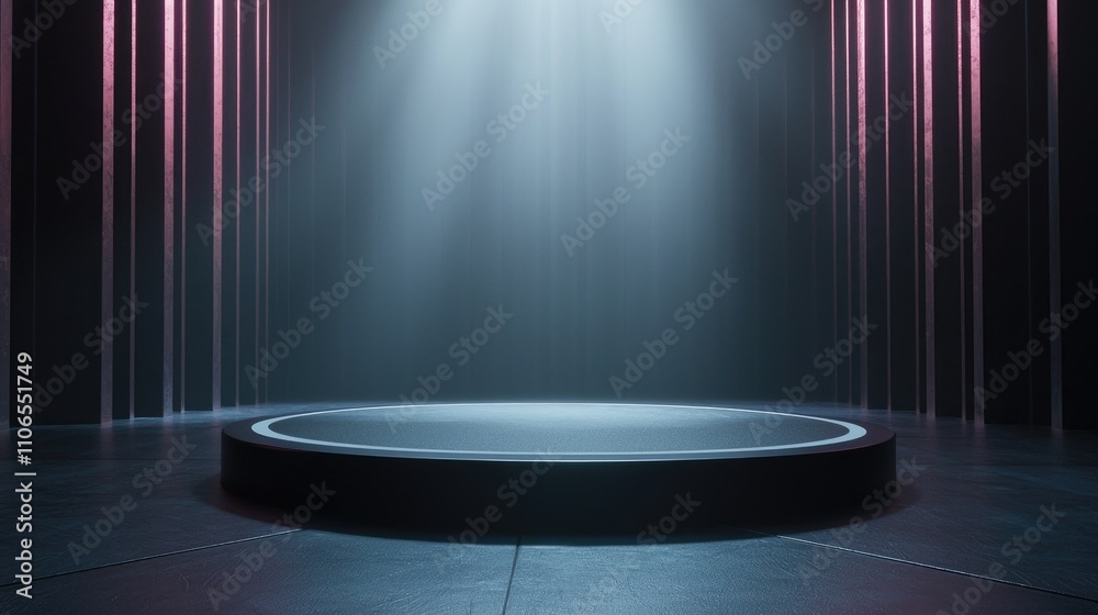 Circular Platform With Glowing Neon Stripes and Foggy Background Circular Platform With Glowing Neon Stripes and Foggy Background