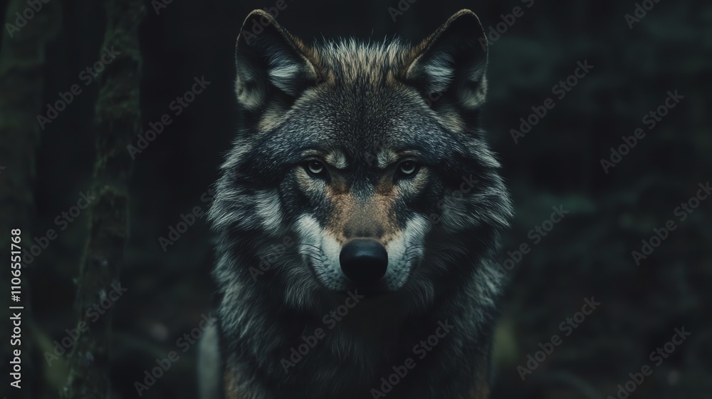 A wolf stares intently at the camera with a dark forest background. A wolf stares intently at the camera with a dark forest background.