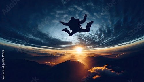 A skydiver freefalling against a twilight sky, silhouette, action photography, aesthetics,