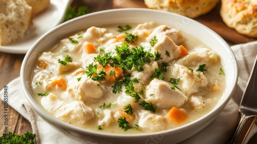 A bowl of comforting chicken and dumplings garnished with freshly chopped parsley, Chicken and dumplings bowl centered, Soft natural light accentuating its home-cooked feel