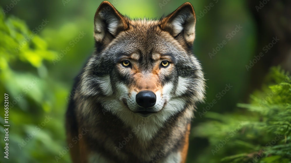 A wolf stares intently at the camera from a lush green forest. A wolf stares intently at the camera from a lush green forest.