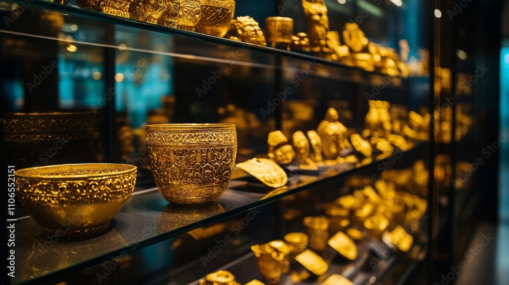 Gold artifacts displayed on glass shelves in a museum showcase. Gold artifacts displayed on glass shelves in a museum showcase.