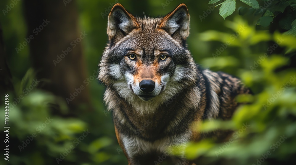 Naklejka premium A wolf looks directly at the camera from inside a green forest.