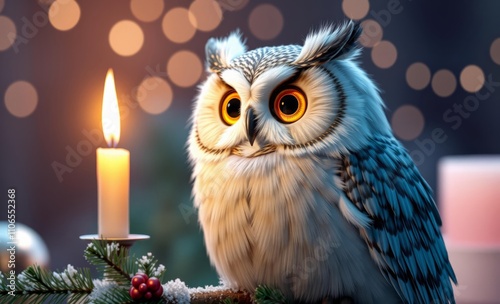 owl christmas Christmas background with candle and christmas tree branch  animal, decoration, season, bird photo