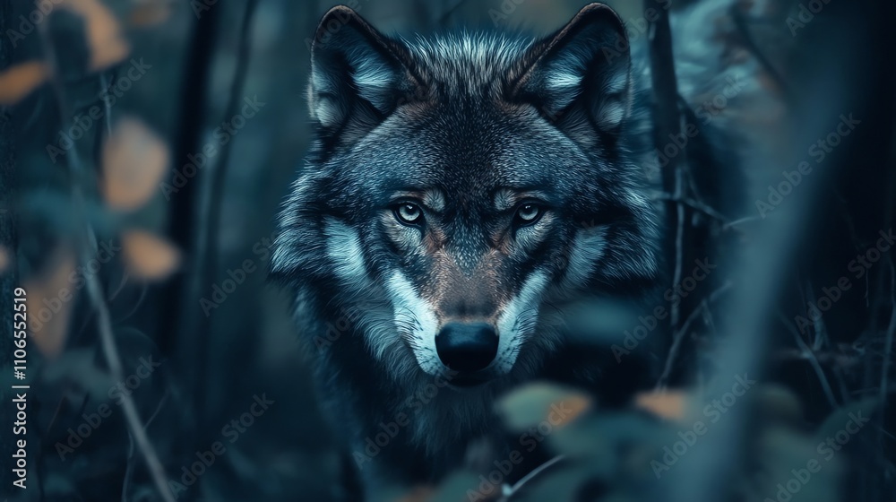 A wolf looks directly at the camera from inside a green forest. A wolf looks directly at the camera from inside a green forest.