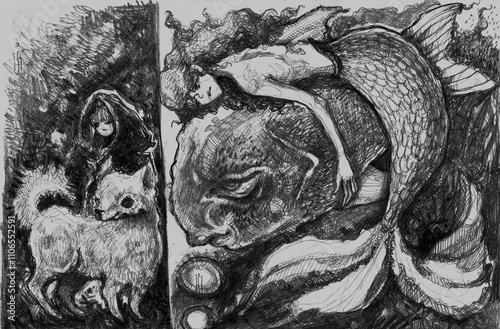 Abstract pencil illustration with dark fantasy themes, featuring mysterious fairies, strange creatures, a dog, and a fish. Perfect for gothic covers or backgrounds