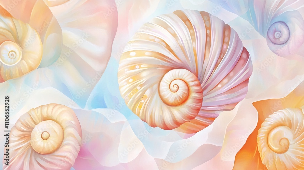Pastel-Colored Seashells on a Soft, Flowing Fabric Background Pastel-Colored Seashells on a Soft, Flowing Fabric Background