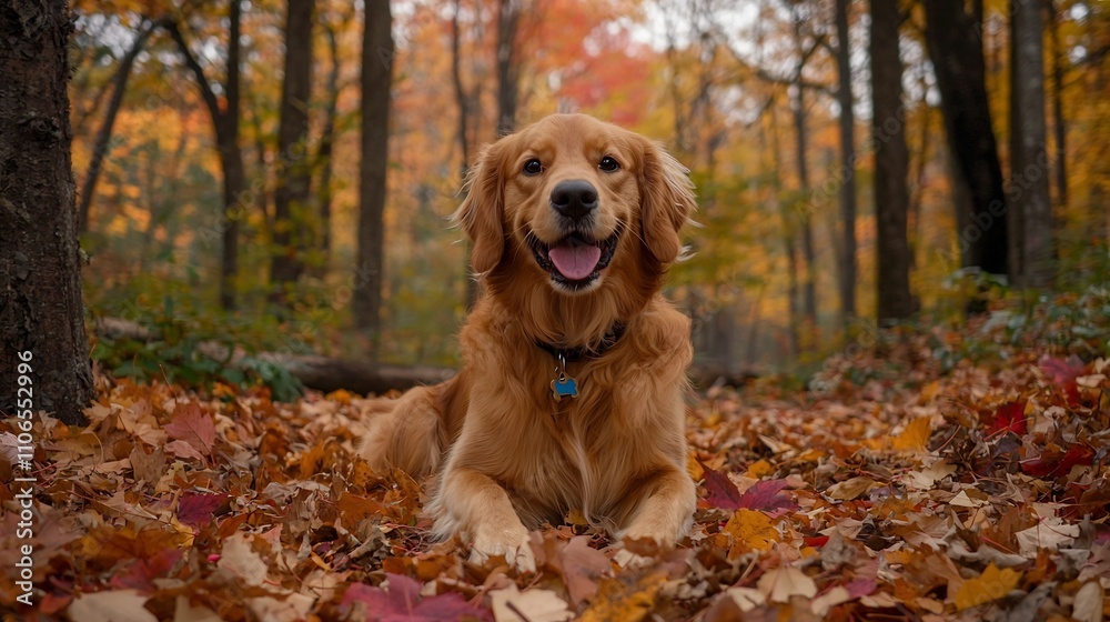 A golden retriever dog happily playing and frolicking in a pile of colorful autumn leaves surrounded by a scenic landscape of vibrant fall foliage and trees A golden retriever dog happily playing and frolicking in a pile of colorful autumn leaves surrounded by a scenic landscape of vibrant fall foliage and trees