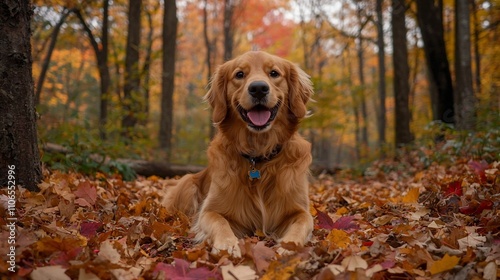 A golden retriever dog happily playing and frolicking in a pile of colorful autumn leaves surrounded by a scenic landscape of vibrant fall foliage and trees