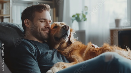 A man and his dog cuddle up together on a couch.