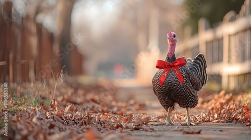 A majestic turkey adorned with subtle holiday themed ribbons walking through a charming rustic outdoor setting creating a cozy and festive seasonal scene photo