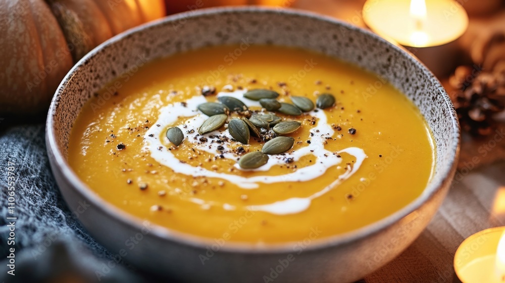 A bowl of creamy butternut squash soup garnished with a swirl of coconut cream and toasted pumpkin seeds, Soup bowl centered, Warm candlelight casting a cozy glow A bowl of creamy butternut squash soup garnished with a swirl of coconut cream and toasted pumpkin seeds, Soup bowl centered, Warm candlelight casting a cozy glow