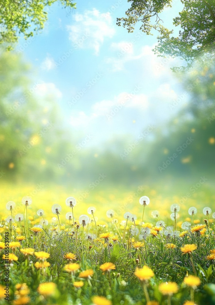 Fototapeta premium Lush Vibrant Meadow with Tall Green Grass Yellow Dandelions Under Blue Sky and Warm Sunlight