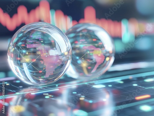 Economic trends market volatility strategies data visualization, futuristic design, transparent acrylic, top view focus, with blurred digital interface background.