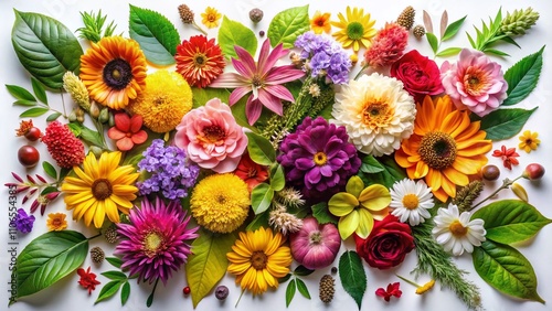 A Vibrant Group of Various Flowers and Leaves Isolated on White Background for Nature and Floral Design Projects