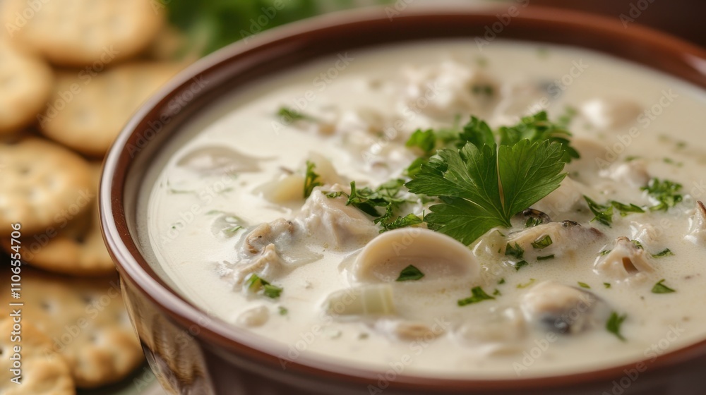 A bowl of creamy clam chowder garnished with fresh parsley, Chowder in bowl, Soft diffused lighting evoking coastal charm A bowl of creamy clam chowder garnished with fresh parsley, Chowder in bowl, Soft diffused lighting evoking coastal charm