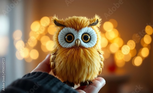 owl christmas Christmas toy golden owl in hand on the background of blurred lights  animal, decoration, season, bird photo