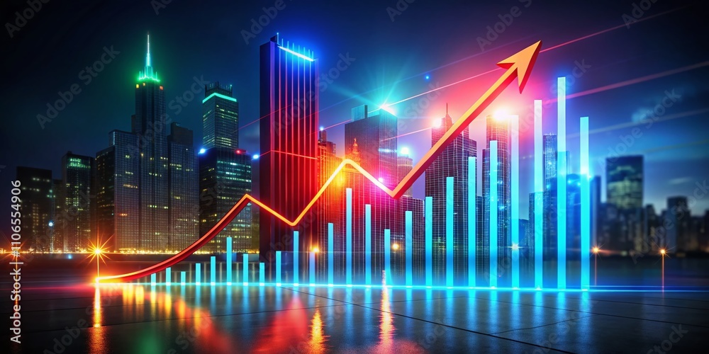 A Vibrant Night Photography of a Colorful Graph with a Bold Red Arrow Indicating Growth and Progress Against a Dark Background, Symbolizing Success and Achievement in Business A Vibrant Night Photography of a Colorful Graph with a Bold Red Arrow Indicating Growth and Progress Against a Dark Background, Symbolizing Success and Achievement in Business