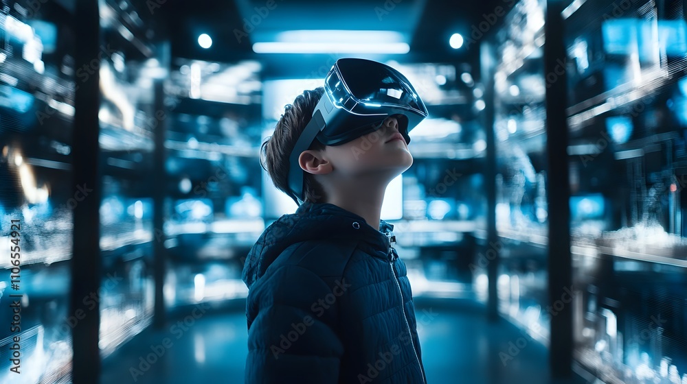 A boy wearing virtual reality goggles in a tech museum, experiencing an immersive journey through space, surrounded by futuristic displays. 4k resolution, Cinematic Scene A boy wearing virtual reality goggles in a tech museum, experiencing an immersive journey through space, surrounded by futuristic displays. 4k resolution, Cinematic Scene