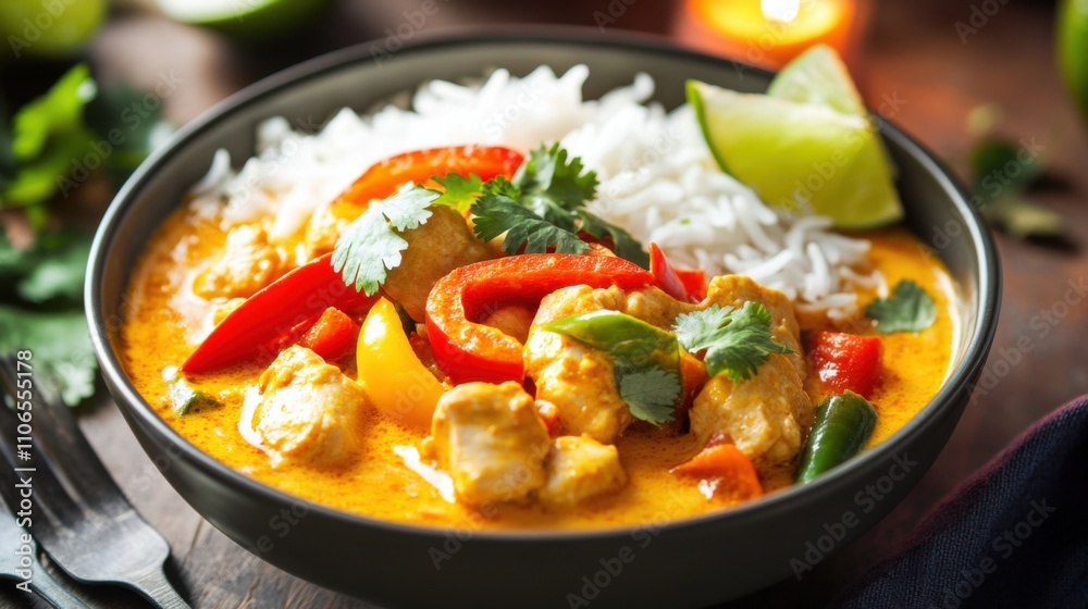 A bowl of creamy coconut curry served with tender chicken, bell peppers, and jasmine rice A bowl of creamy coconut curry served with tender chicken, bell peppers, and jasmine rice