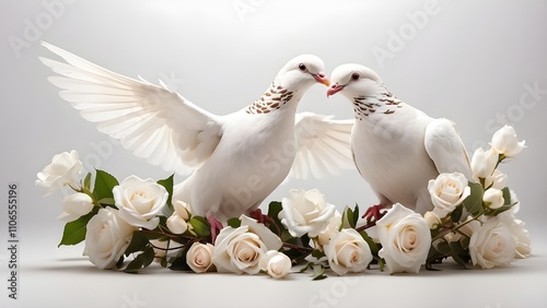 A crisp white background with two white doves carrying flowers in the air. Transparent PNG photo