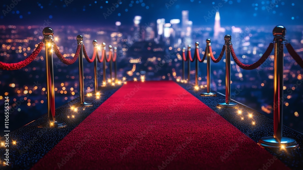 A red carpet leads to a glowing city skyline at night. A red carpet leads to a glowing city skyline at night.