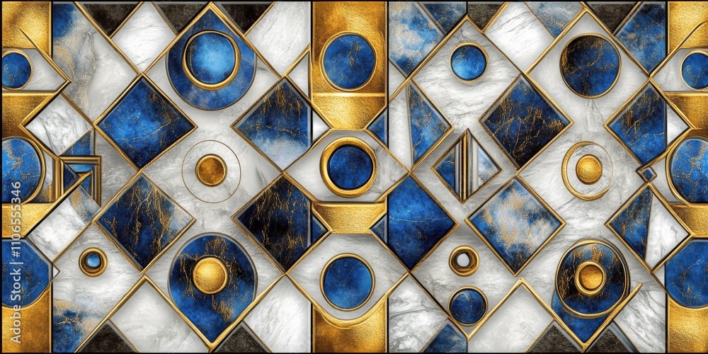 Fototapeta premium Geometric Pattern Background with Marble Texture in Gold Blue and White Colors Repeating Design Art Deco Wallpaper