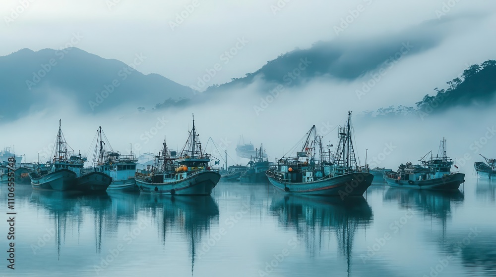 Naklejka premium A small fleet of traditional fishing boats anchored in a harbor, soft morning haze