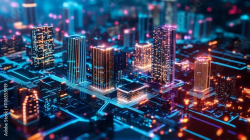 A stunning view of a digitally rendered urban skyline showcases modern buildings illuminated with neon lights.