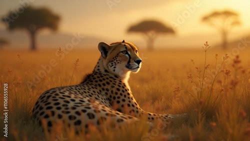 A peaceful yet watchful image of a cheetah resting, highlighting its natural grace and readiness in the wild.
