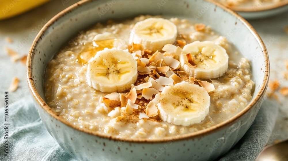 A bowl of creamy coconut milk oatmeal topped with sliced bananas, toasted coconut, and a drizzle of honey A bowl of creamy coconut milk oatmeal topped with sliced bananas, toasted coconut, and a drizzle of honey