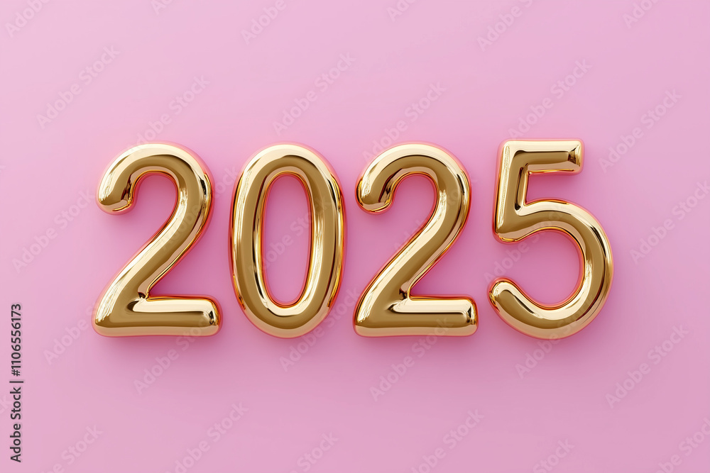 2025 golden number on pink background, Happy New Year, welcome 2025, the number 