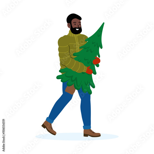 Man carries a green Christmas tree while walking in winter clothing through a snowy landscape