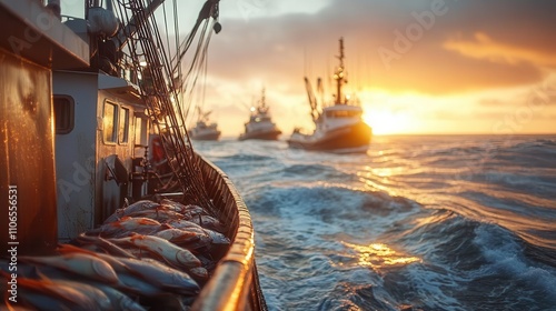 Wallpaper Mural Commercial trawler heading toward port with a full catch, detailed deck equipment, natural coastal lighting Torontodigital.ca