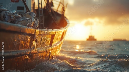 Commercial trawler heading toward port with a full catch, detailed deck equipment, natural coastal lighting photo