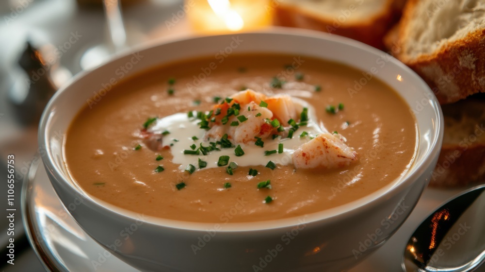 A bowl of creamy lobster bisque garnished with a drizzle of cream and chopped chives, Bisque in bowl, Soft candlelight creating an intimate ambiance A bowl of creamy lobster bisque garnished with a drizzle of cream and chopped chives, Bisque in bowl, Soft candlelight creating an intimate ambiance