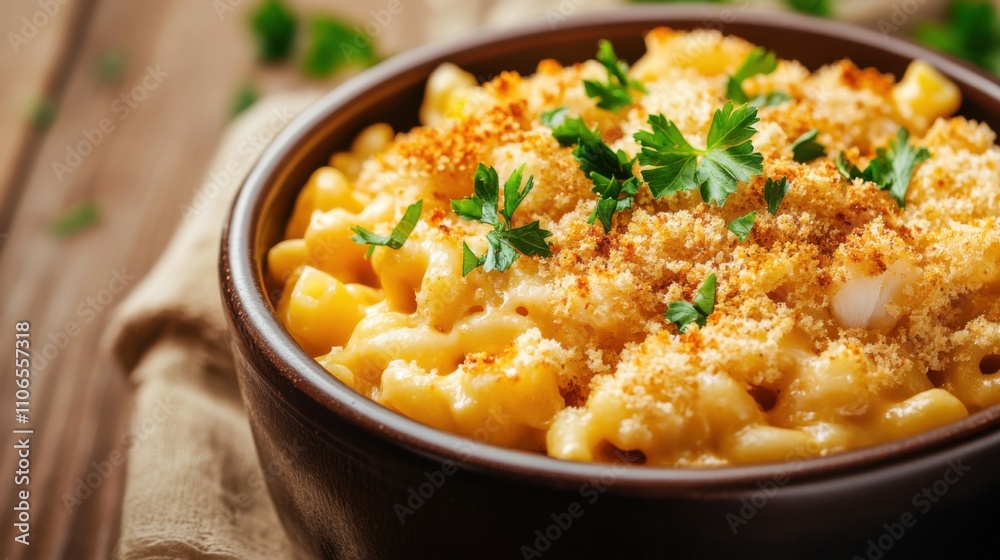 A bowl of creamy lobster macaroni and cheese topped with breadcrumbs and fresh parsley, Macaroni and cheese centered, Soft diffused lighting enhancing its cheesy goodness A bowl of creamy lobster macaroni and cheese topped with breadcrumbs and fresh parsley, Macaroni and cheese centered, Soft diffused lighting enhancing its cheesy goodness