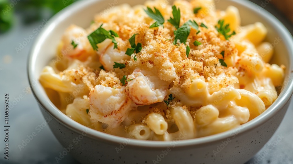 A bowl of creamy lobster macaroni and cheese topped with breadcrumbs and fresh parsley, Macaroni and cheese centered, Soft diffused lighting enhancing its cheesy goodness A bowl of creamy lobster macaroni and cheese topped with breadcrumbs and fresh parsley, Macaroni and cheese centered, Soft diffused lighting enhancing its cheesy goodness