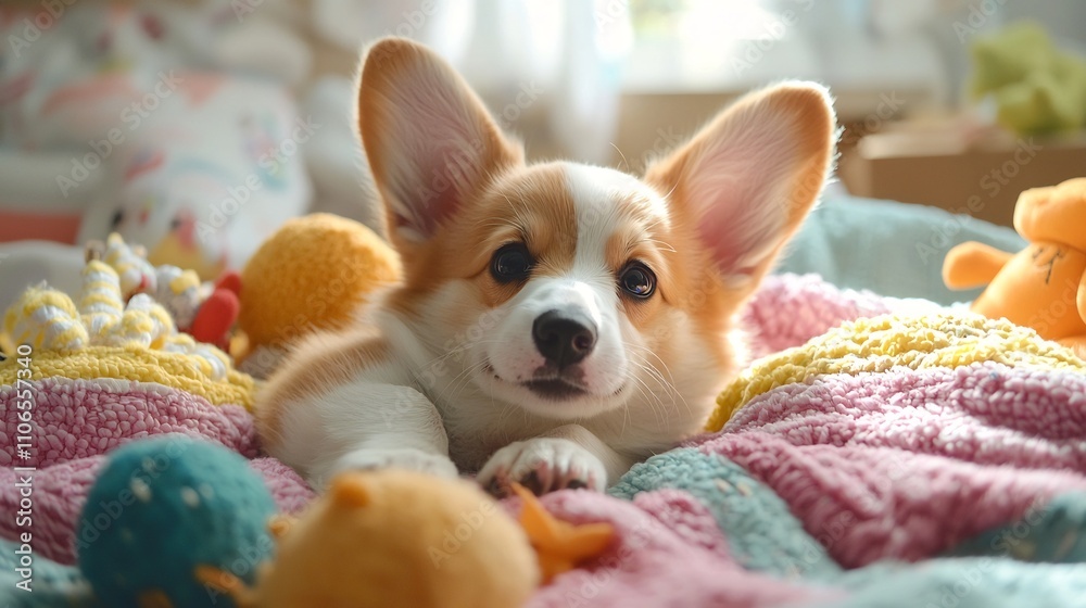 Cute and Playful Corgi Puppy Lying Comfortably on a Colorful Blanket Surrounded by Toys in a Bright and Cheerful Room